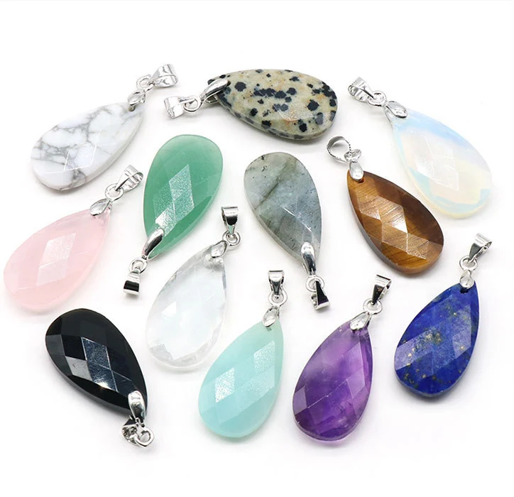 

Natural Gemstone Crystal Section Teardrop Shape Dangle Long Earrings With Melon Buckle