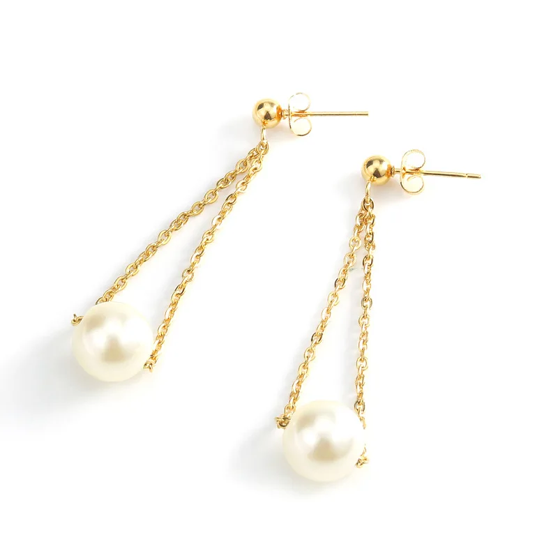 

New Design 2021 Simple Stainless Steel Jewelry Pearl Long Drop Earrings For Women, Women drop earrings jewelry
