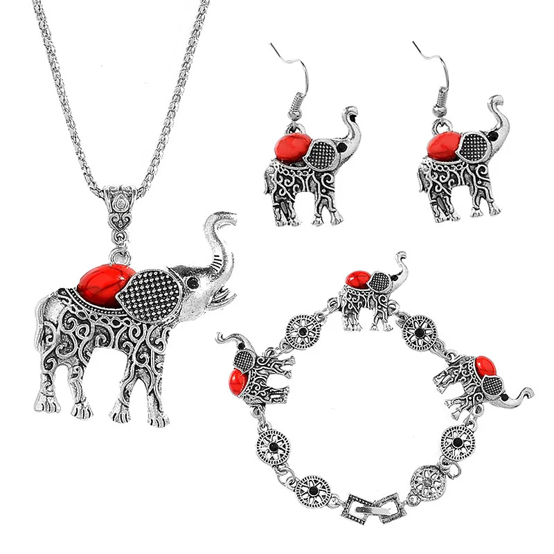 

VRIUA Fashion Green African Jewelry Sets for Women Vintage Silver Color Elephant Pendant Necklace Earrings Bracelets Jewellery, Golden / sliver