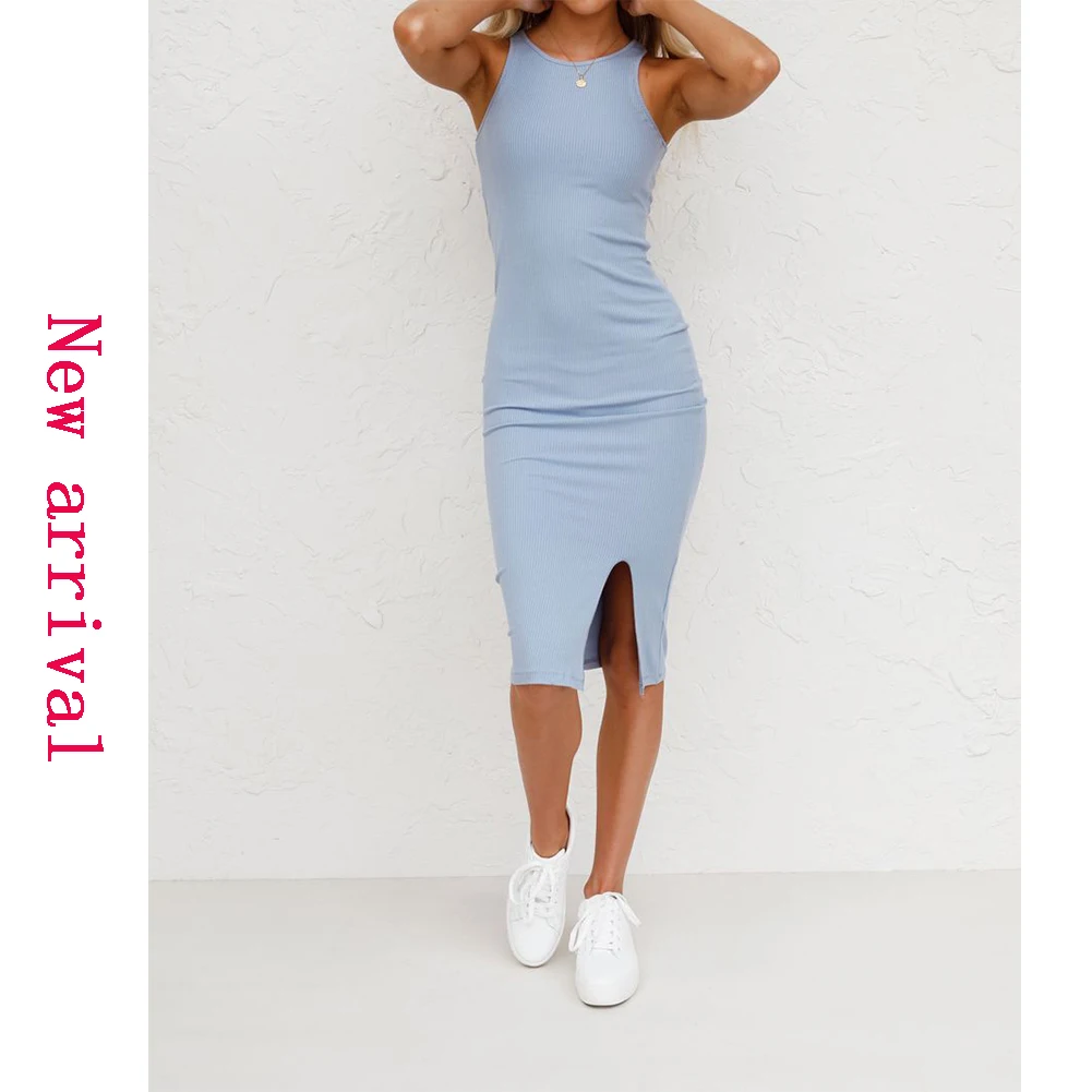 

2021 New Women's Solid Color Vest Knitted Split Dress, Hot Sale Summer Sleeveless Fashional Casual Dresses, Accept custom color