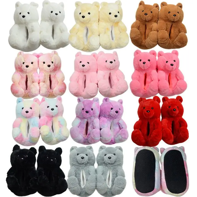 

teddy bear women's Light Weight Cotton Fabric slides comfortable fluffy pantuflas plush indoor foot wears fur animal slippers