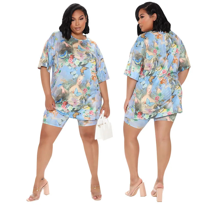

F30545A Ready to ship printing Plus Size Women shorts Suit 2021 2 piece set women plus size women clothing, As picture