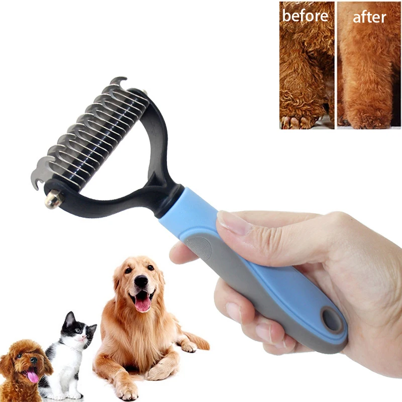 

Pets Fur Knot Cutter Dog Grooming Shedding Tools Pet Cat Hair Removal Comb Brush Double Sided Pet Products Comb for Cats, Blue