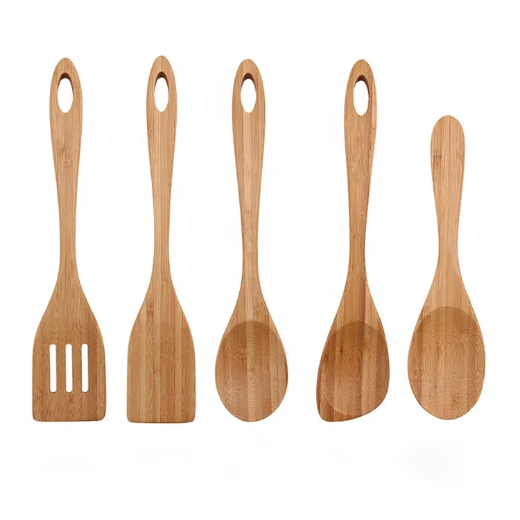 

Food Grade 5pcs Kitchen Utensil Set Kitchen Cooking Tool High Quality Bamboo Wooden Kitchen Utensil Set, Natural bamboo color