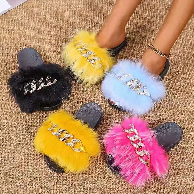 

J&H fashion furry slippers with mental chain design ladies platform flat sandals outdoor casual shoes, 5 colors as picture