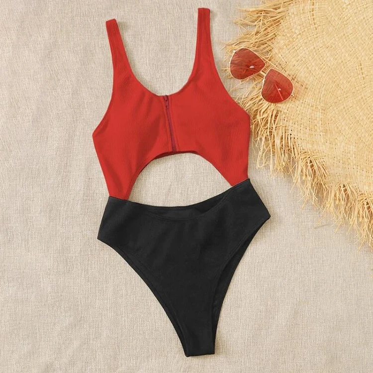 

New design Multicolor--Color Block Cut-out Zip Front One Piece Designer Swimsuit, Black
