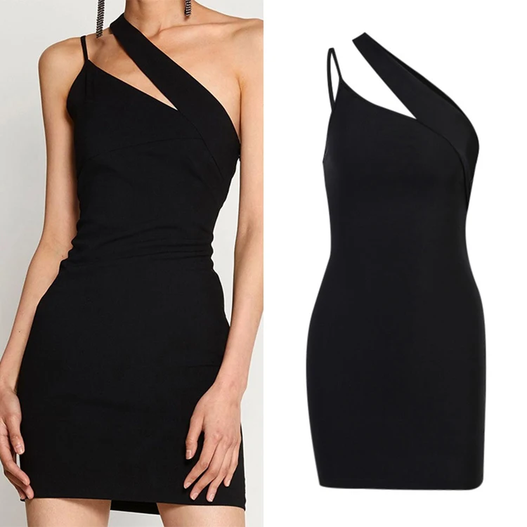 

Clothing Suppliers One Shoulder Hollow Out Women Mini Dress Solid Streetwear Club Sexy Dresses For Women, Black