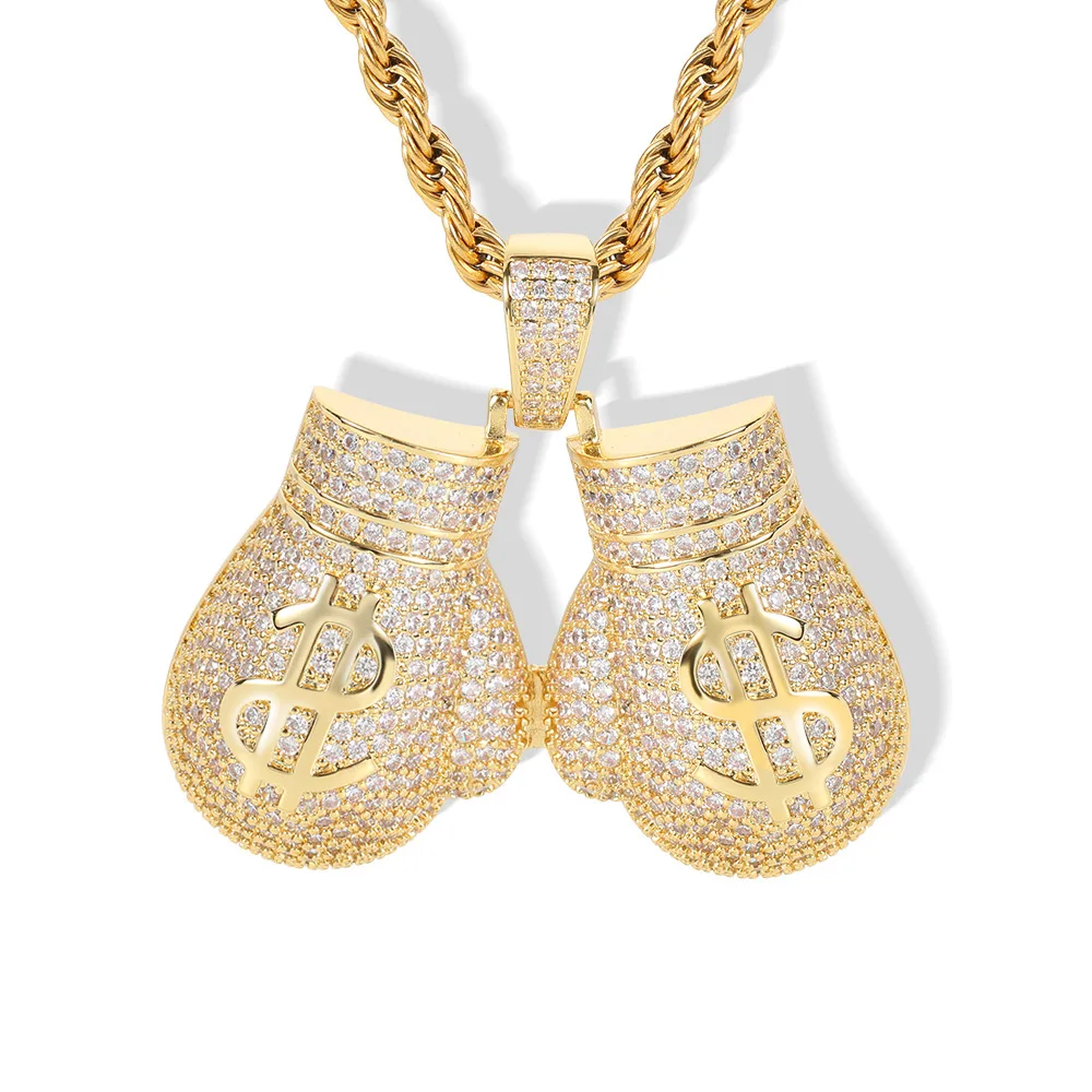 

Hip Hop Charm Design 18k Real Gold Plated Iced Out Lab Diamond CZ Bling Boxing Gloves Pendant Necklace Jewelry, Picture