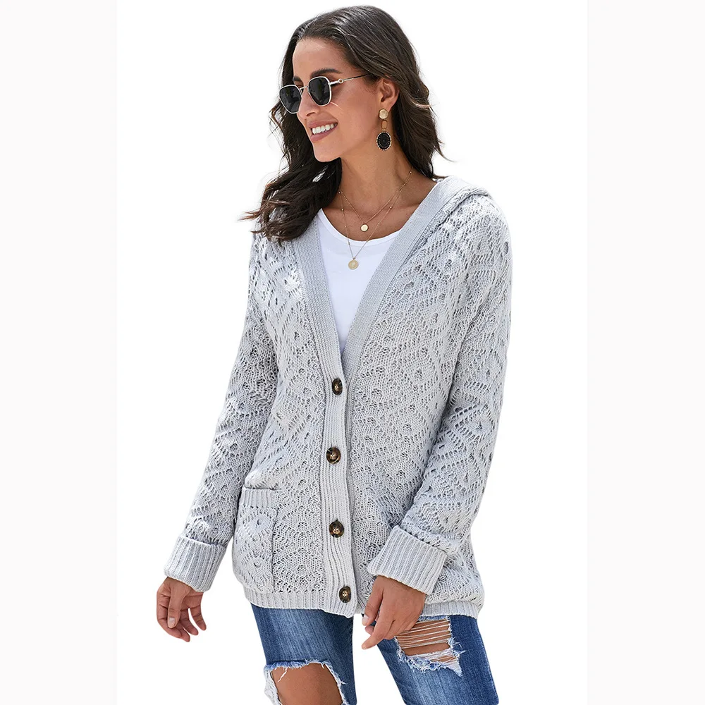 

2020 Women Long-sleeved hooded cardigan with knitted pattern