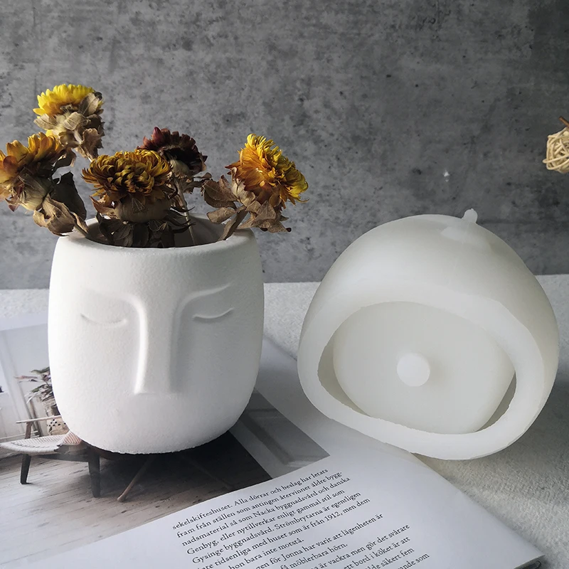 

J236 Hot Sell Nordic Style Cement Face Shape Flower Pot Mold Creative Portrait Face Silicone Concrete Folwerpot Mould, White