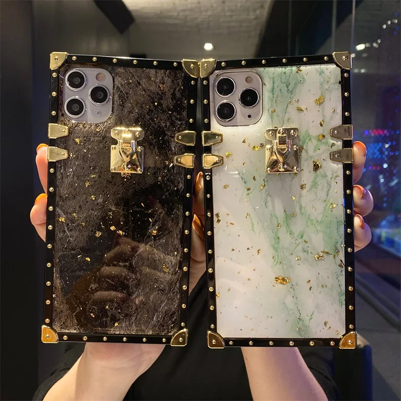 

Luxury Bling Gold Foil Marble Square Phone Case For iPhone 12 11 Pro 7 8 Plus X XR XS Max Glitter Soft Phone Cover Drop Shipping
