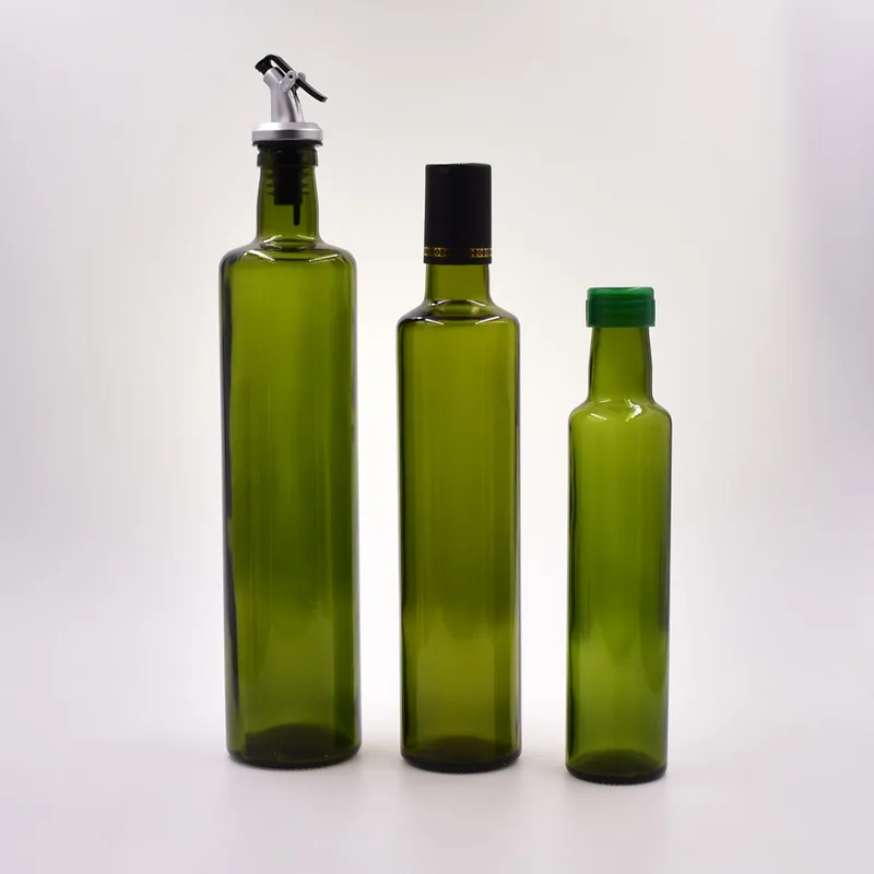批发250毫升深绿色圆形玻璃橄榄油瓶醋分配器油壶家用厨房工具带泵