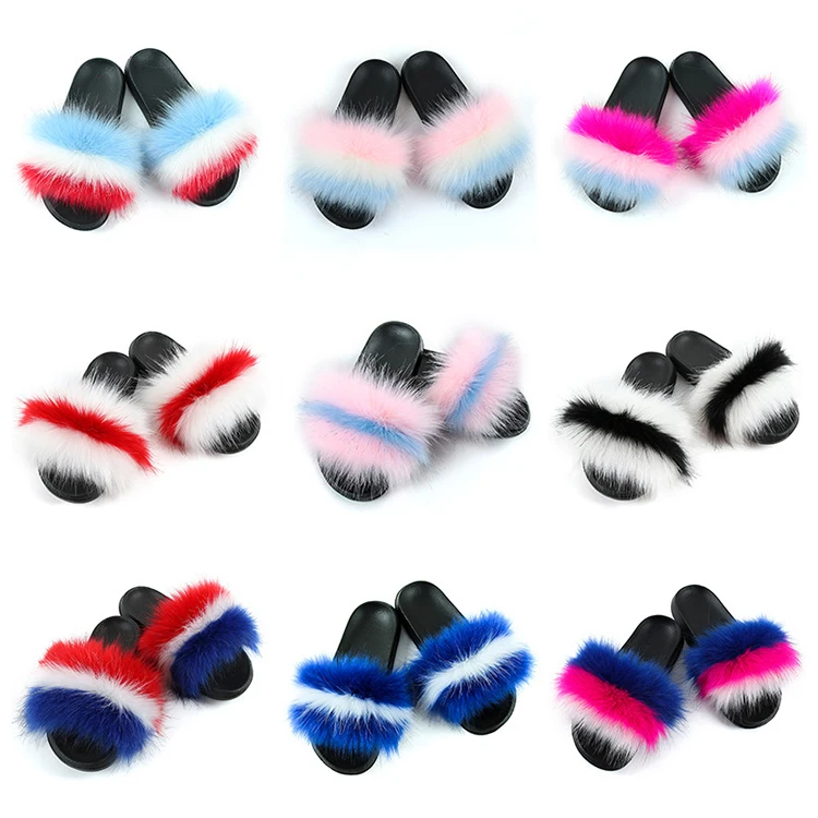 

Spring Summer Biggest Organic Natural Material Furry Faux Fur Slippers 2021 Fur Slides Custom Logo, Custom color