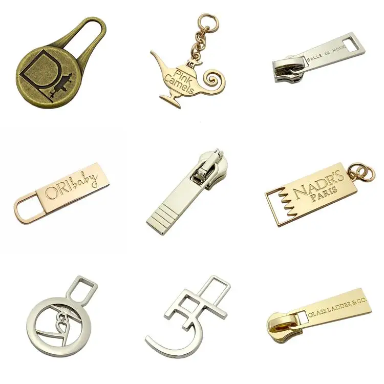 

OEM custom made logo sliders and zipper puller for handbag garment, Silver or custom