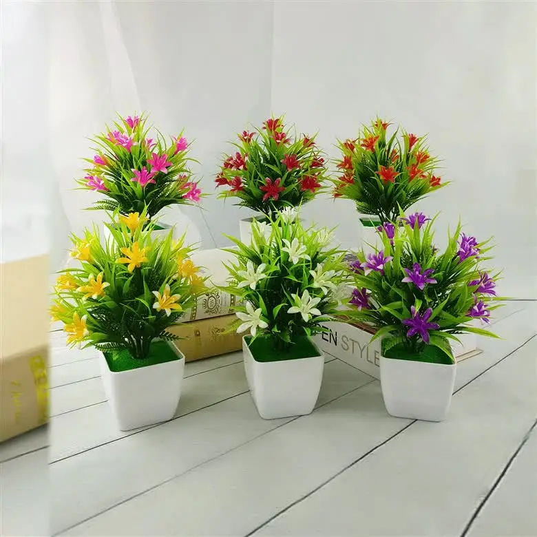 E489 Mini Pot Artificial Bonsai Plastic Flowers and Plants Home Decoration Greenery Artificial Plants
