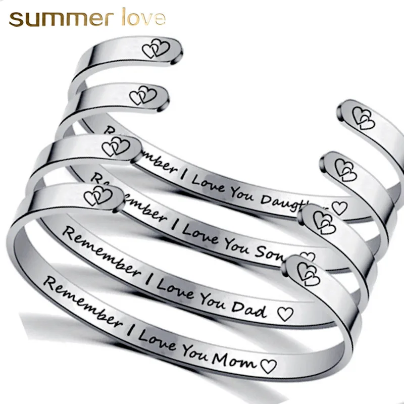 

Wholesale Custom Family Members I Love You Stainless Steel Silver Bracelet C Shape Open Cuff Bangle for Mother's Day Gift