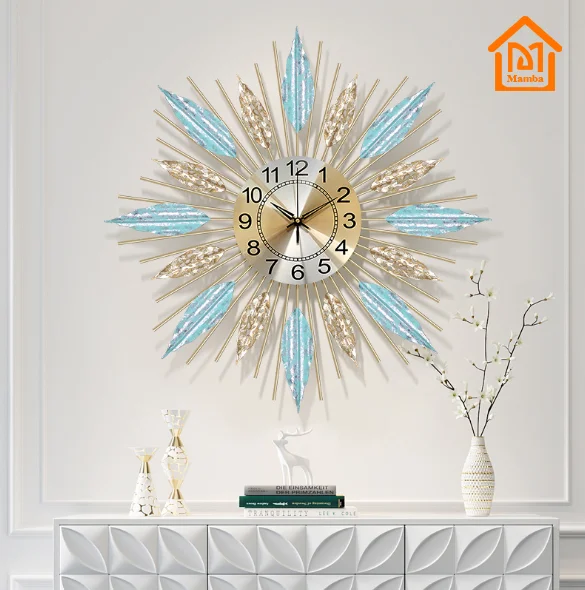 

Wholesale price large peacock feather decorative wall clock, Gold-blue