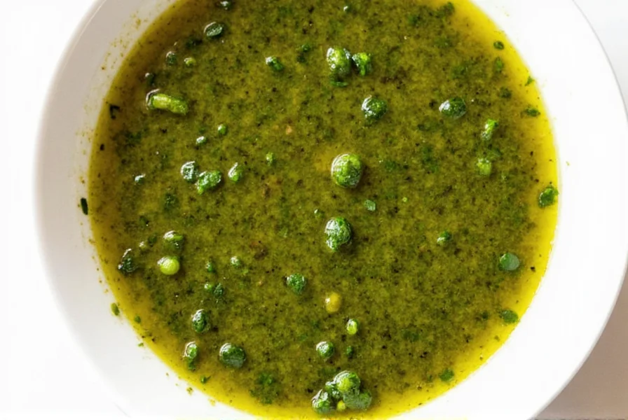 Close-up of chimichurri sauce drizzled on bread