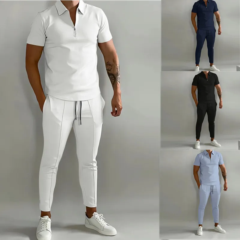 S-3XL  Summer men's clothing Trendy Youth Leisure Sports Set Lapel short sleeved top+drawstring pants 2-piece set streetwear