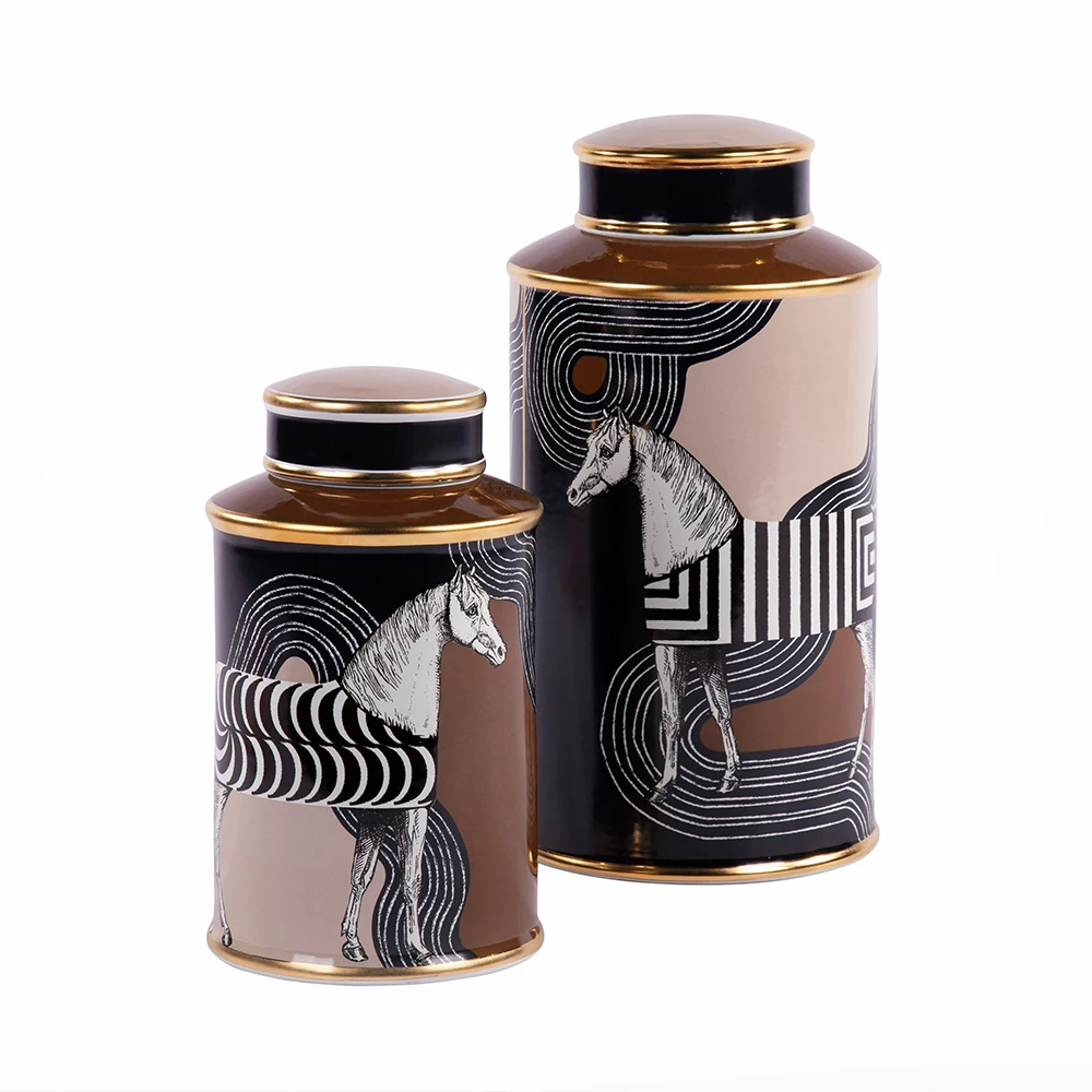 

Retro Luxury Zebra Painting Brown Pottery Horse Ceramic Jar For Home Decor Accesories