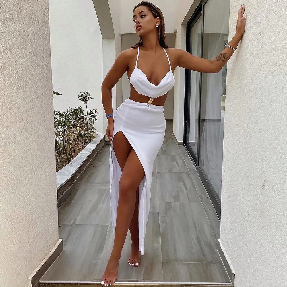 

New Solid Color Slit Sling V Neck Backless White Dresses Elegant Cross Hollow Out Sexy Night Ladies Dress Party Sexy For Woman
