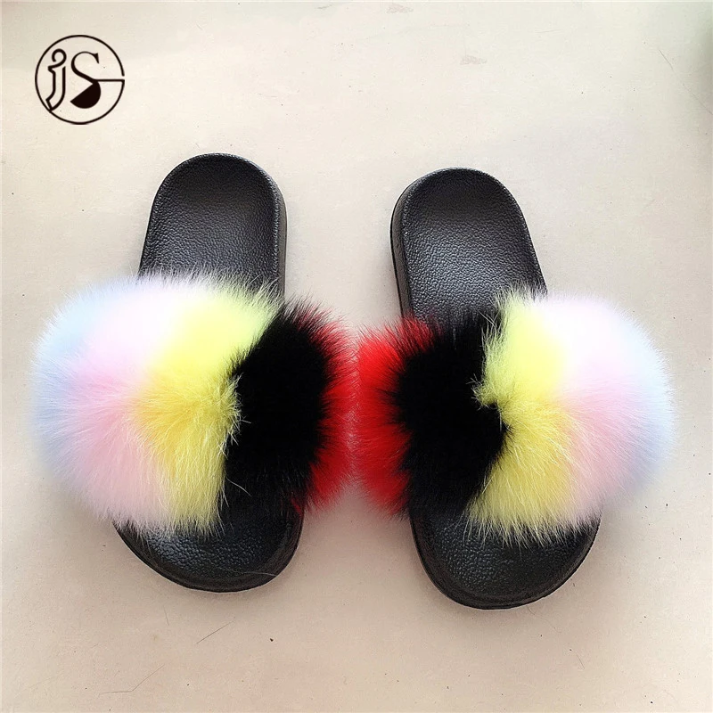 

EVA sole slippers for teenagers 100% fluffy fox fur women sandals 2021 slides footwear fur slippers, Picture