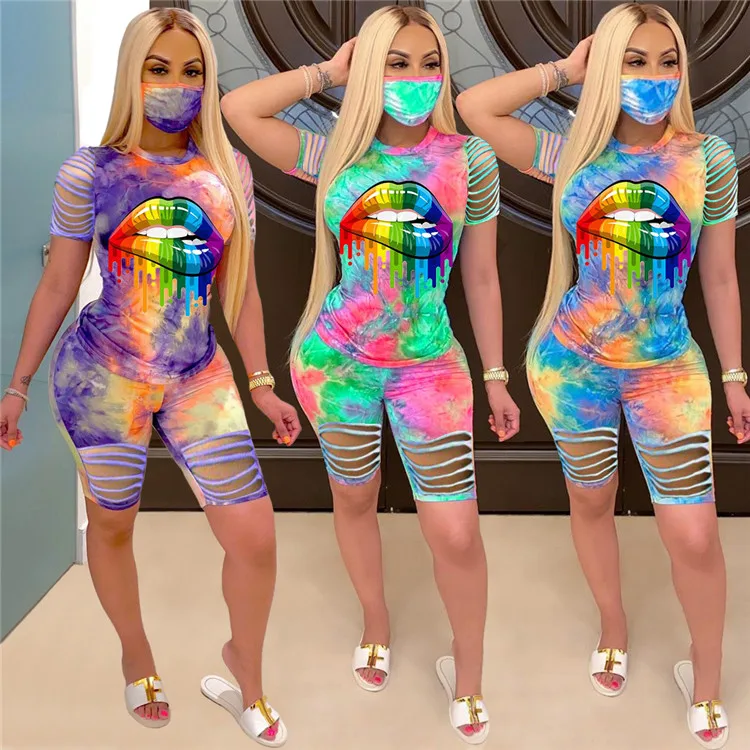 

Burn-out two piece tie-dye shorts set stretchy material suit outfits for women