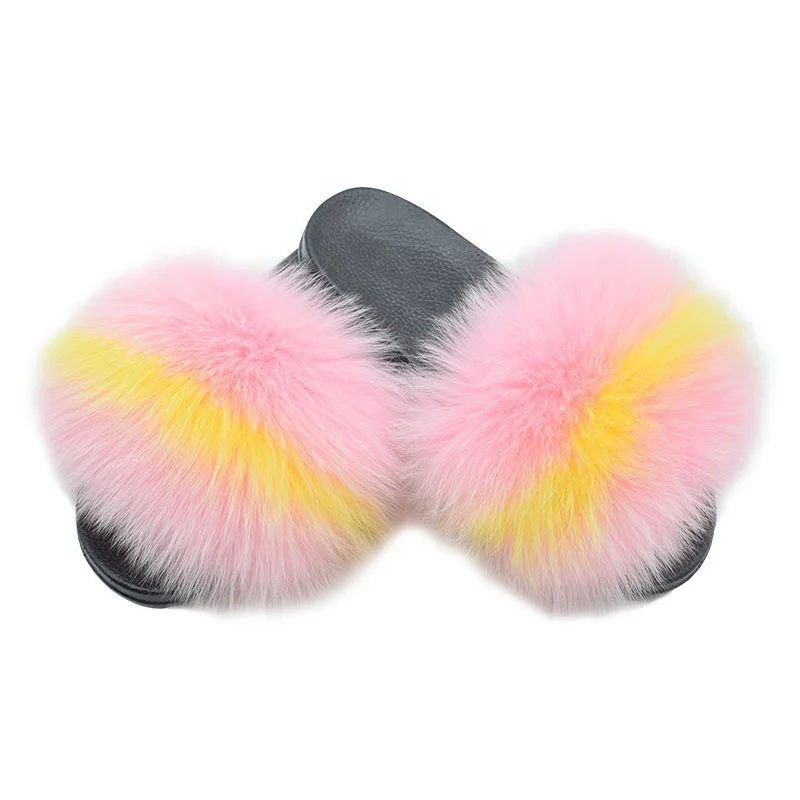 
Popular Fashion Open Toe Comfortable Real Raccoon Big Fur Slides Slippers for Women and Kids 