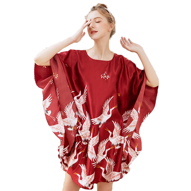

2021 bat sleeve silk nightdress plus size loose and comfortable women's nightgown