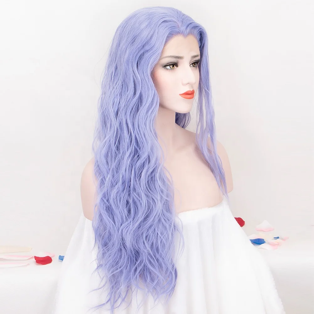 

Natural Looking Cheap 24 Inches Purple Curly Long Heat Resistant Fiber Hair Synthetic Lace Front Wigs with Widow Peak