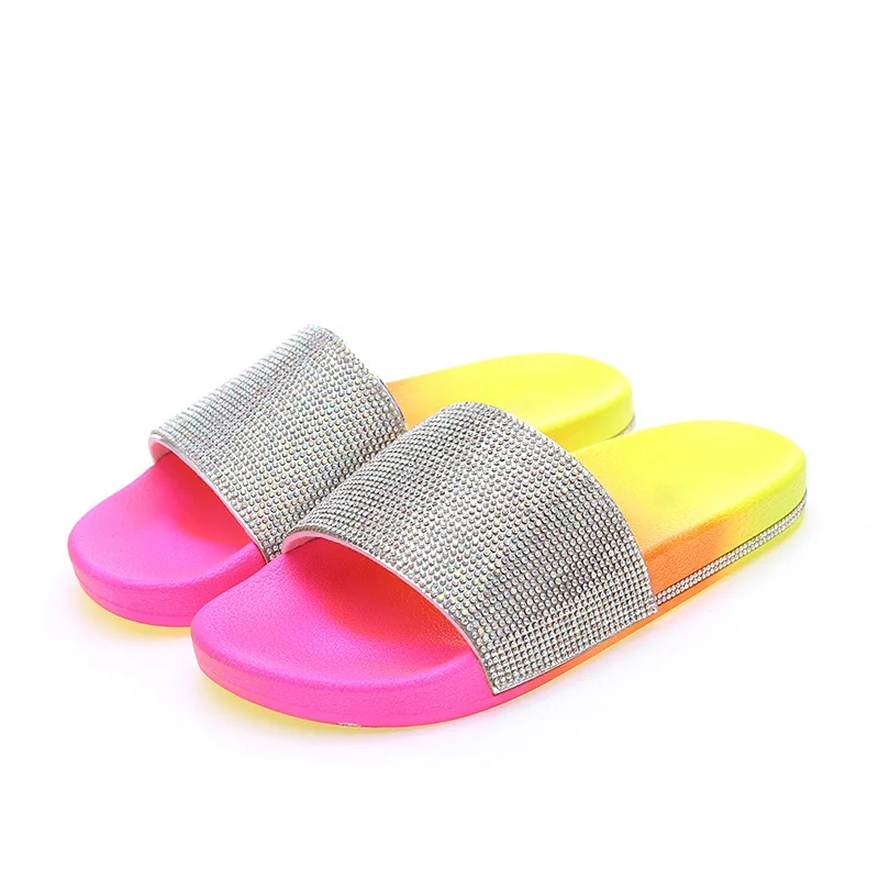 

New women beach rainbow diamond sandals lady flat rhinestone slides slipper multicolor women mule shoes, As picture or customized color