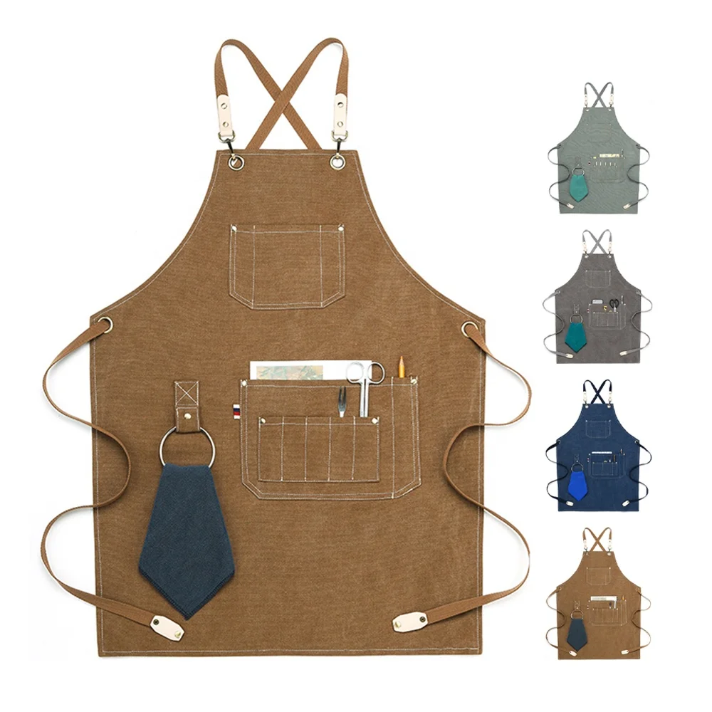 

HEYUAN TEXUPDAY Adjustable Thick Canvas Kitchen Coffee Tea Waterproof Work Tools Apron with Ring, Customized