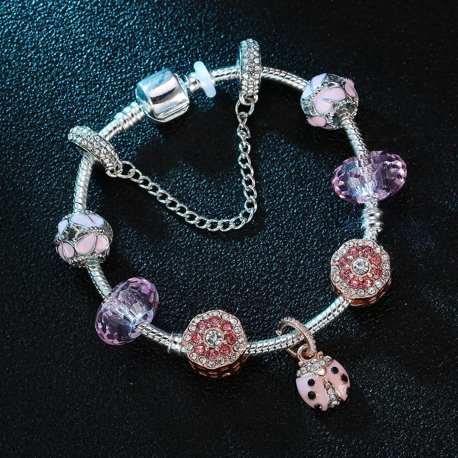 

Best Quality Full Diamond Spacer Beads Pink Oil Drip Flower Beads Bracelets CZ Flower Ladybird Charm Bracelets For Girl