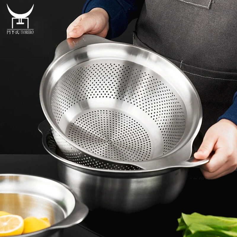 

304 Stainless steel multifunctional kitchen draining basket set rice washing mixing bowl colanders and strainers basket