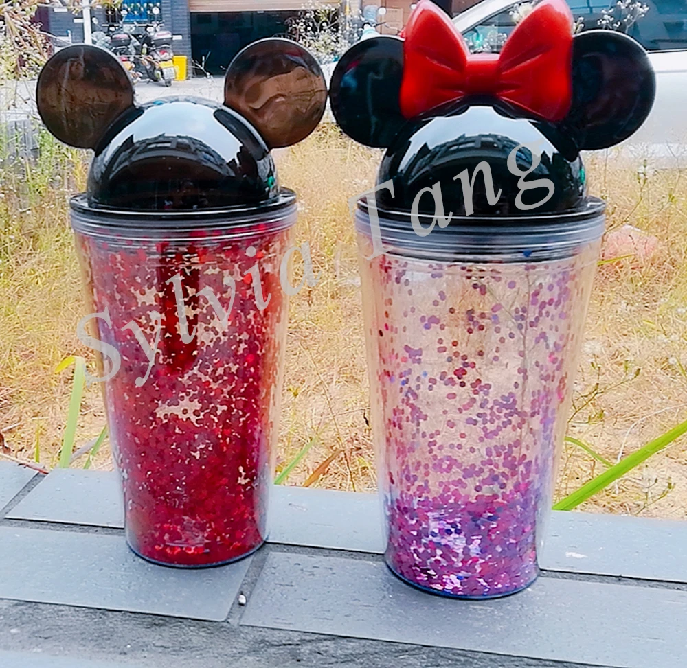 

350ml 450ml Minnie mickey mous cup personalized acrylic plastic glitter skinny tumbler cups in bulk with lid and straw, Multiple colors