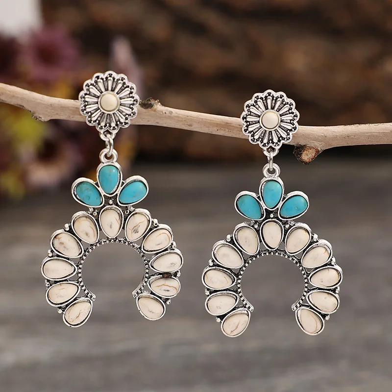 

Boho Style Pumpkin Flower Earrings Western Unique Blossom Turquoise Earrings For Woman