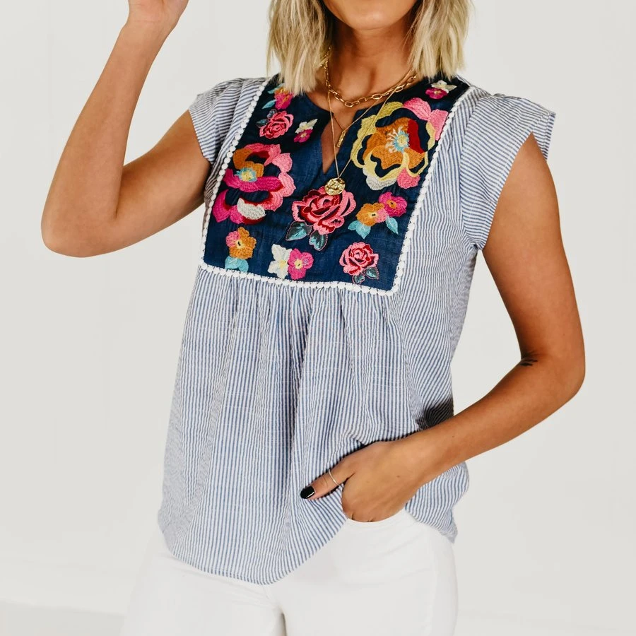 

Free Shipping T222 women Embroidered top with flutter sleeve babydoll blouse embroidered floral women classic smocked top