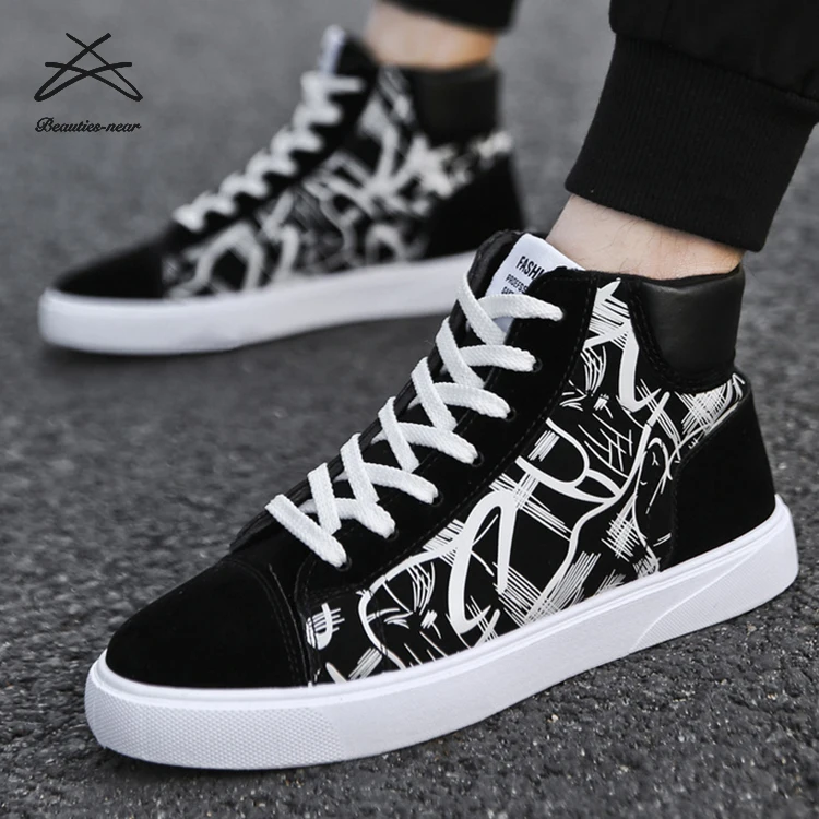 

RTS Fashion new high top ankle shoes print lace up men sneaker casual shoes, Black, red, purple