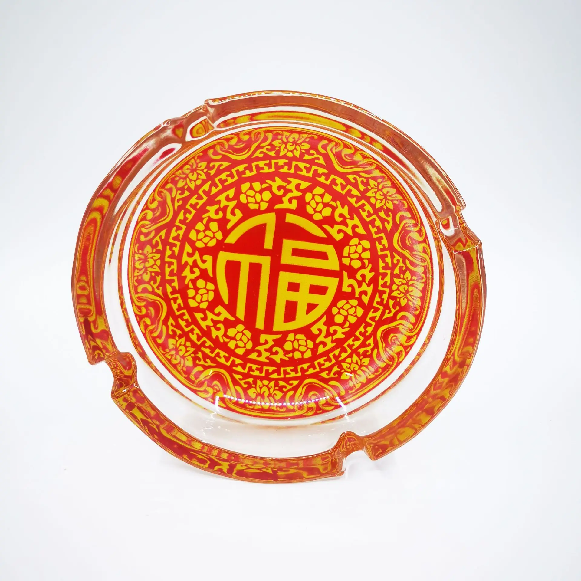 

Creative Orange-Red Chinese Fu Pattern Crystal Glass Ashtray Home Office Ashtray Candle Holder, Picture