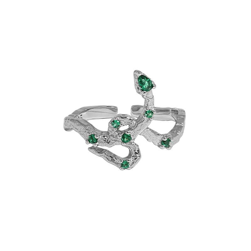 

925 Sterling Silver Snake Shape Green Zircon Open Ring Simple And Stylish Animal Ring