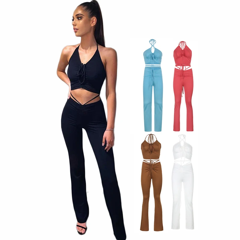 

2021 Summer Streetwear High Waist Long Trousers Elegant Flare Pant Suit Women Sexy Crop Top 2 Piece Set