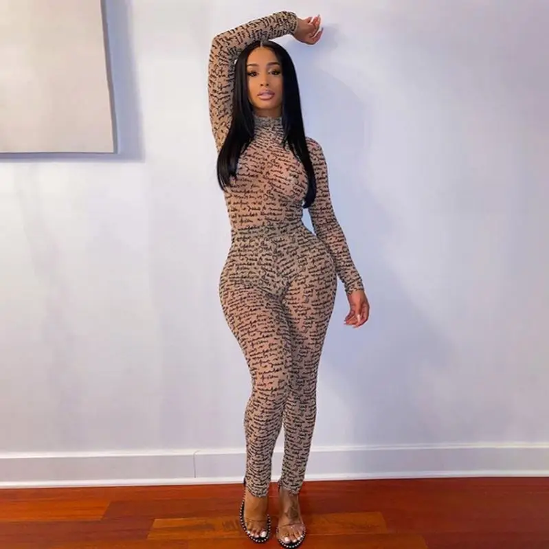 

Printed Letter One Piece Sets Mesh Bodycon long jumpsuit for women Bodycon transparent Outfit Yoga Jumpsuit