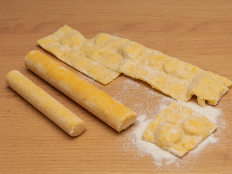 Homemade tortellini shaping tools on wooden table