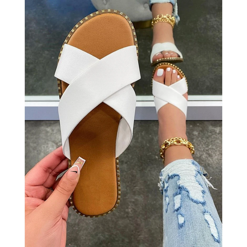 

Balai Brand Zapatillas Planas De Mujer Hot Sale 2021 Peep Toe Shoes Cross Strap Ladies Slippers Summer Fashion Women's Sandals