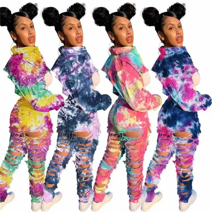 

Unique Design Fall Winter New Denim Tie Dye Jeans Jacket And Jeans Pant Set Two Piece Women Clothing