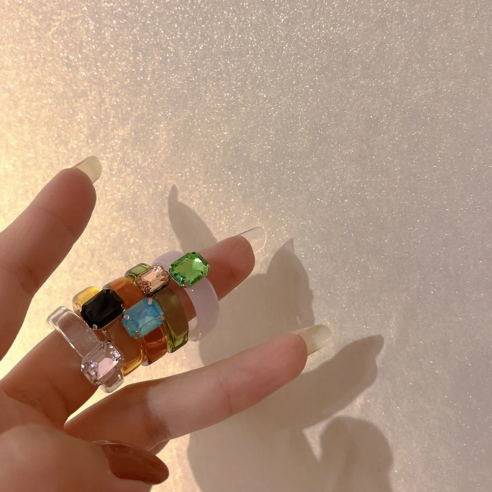

Ins Fashionable Transparent Gemstone Acrylic Rings Candy Color Square Crystal Resin Finger Rings For Sweet Girls