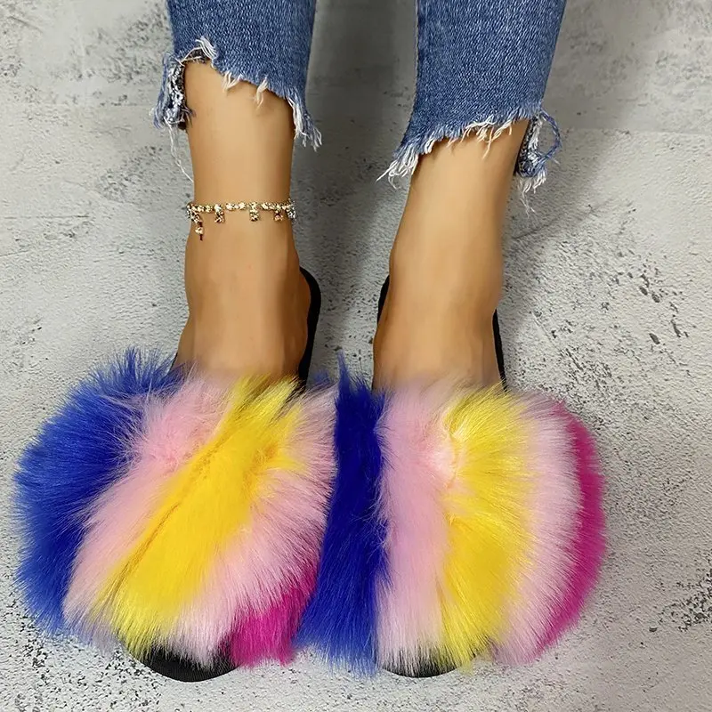 

Ladies Fashion Indoor House Faux Fur Fox Sandals Wholesale Furry Plush slippers Colorful Women Fur Slide Slippers shoes, Yellow,blue,pink