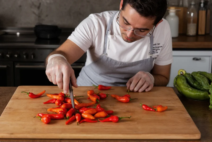 Chef wearing protective gloves and goggles while carefully handling rock pepper fire chili peppers on a cutting board