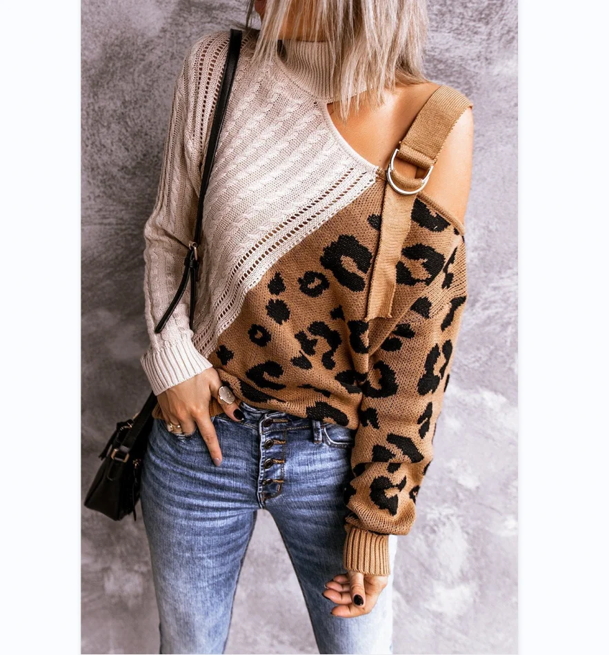 

Women Sweater 2021 Rib-knit Loose Sleeve Sweater Crop Autumn Winter Leopard Turtleneck Custom Knit Sweater