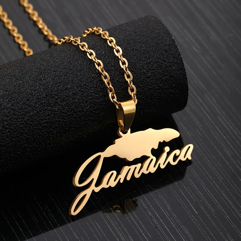 

New Arrival Real Gold Plated Stainless Steel Country Map Pendant Necklace Jamaica Flag Map Pendant Necklace, Picture color